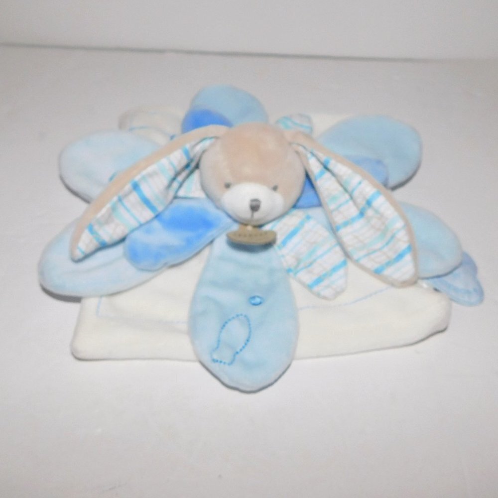 Doudou et Compagnie paris White Blue Gray Bunny Rabbit Flower security Blanket